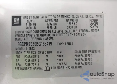 2011 Chevrolet Silverado 1500 Lt z USA, uszkodzony, nr VIN 3GCPKSE30BG168419